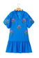 Blue Flower Embroidered Split Neck Short Puff Sleeve Ruffle Hem Dress