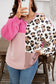 Rose Red Plus Size Twisted Ribbed Color Block Leopard Patchwork Long Sleeve Top