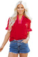 Fiery Red Striped Frilled Collar Ruffled Short Sleeve Blouse