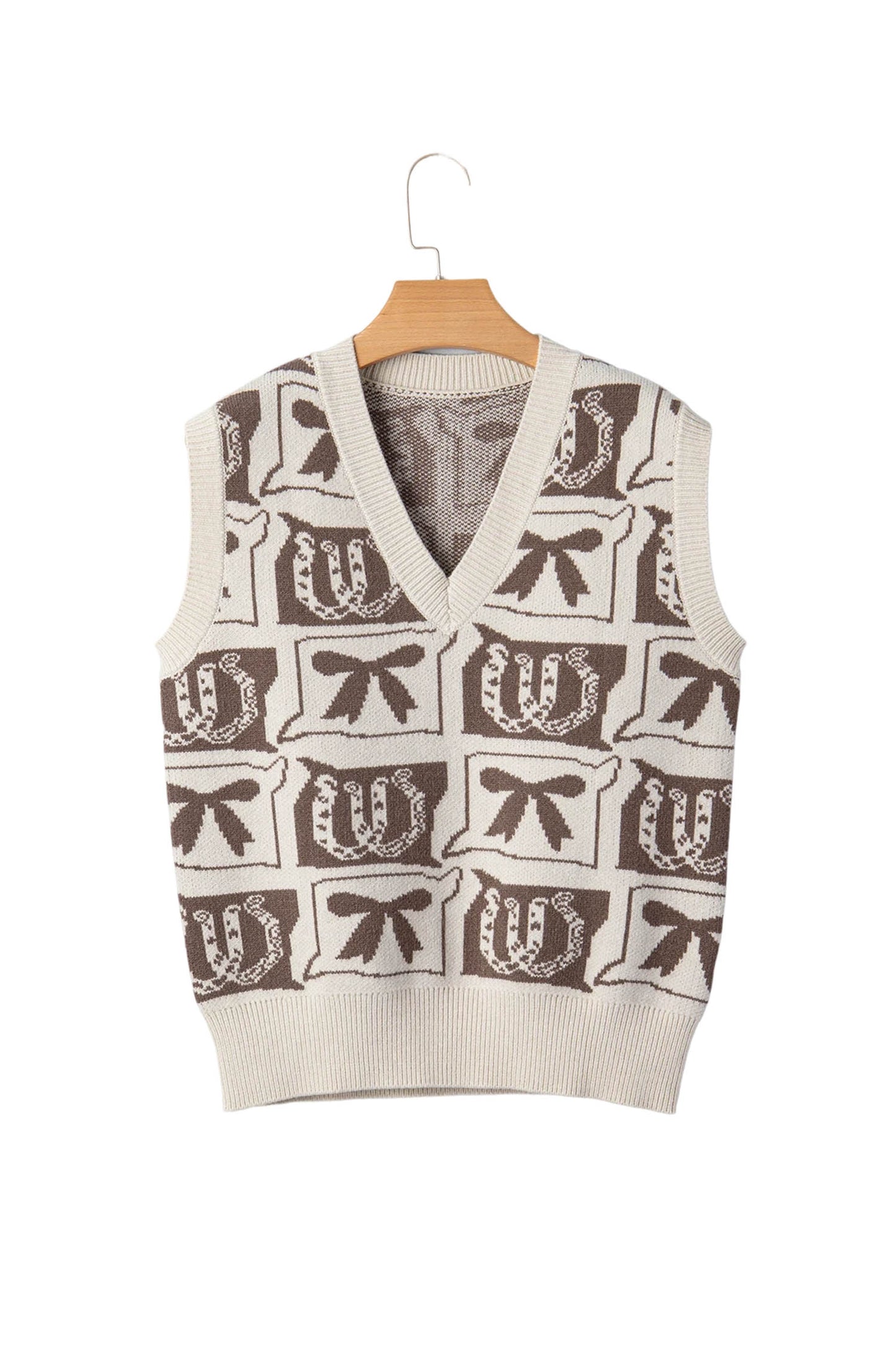 Brown Western Horseshoe Bow Printed V Neck Loose Sweater Vest