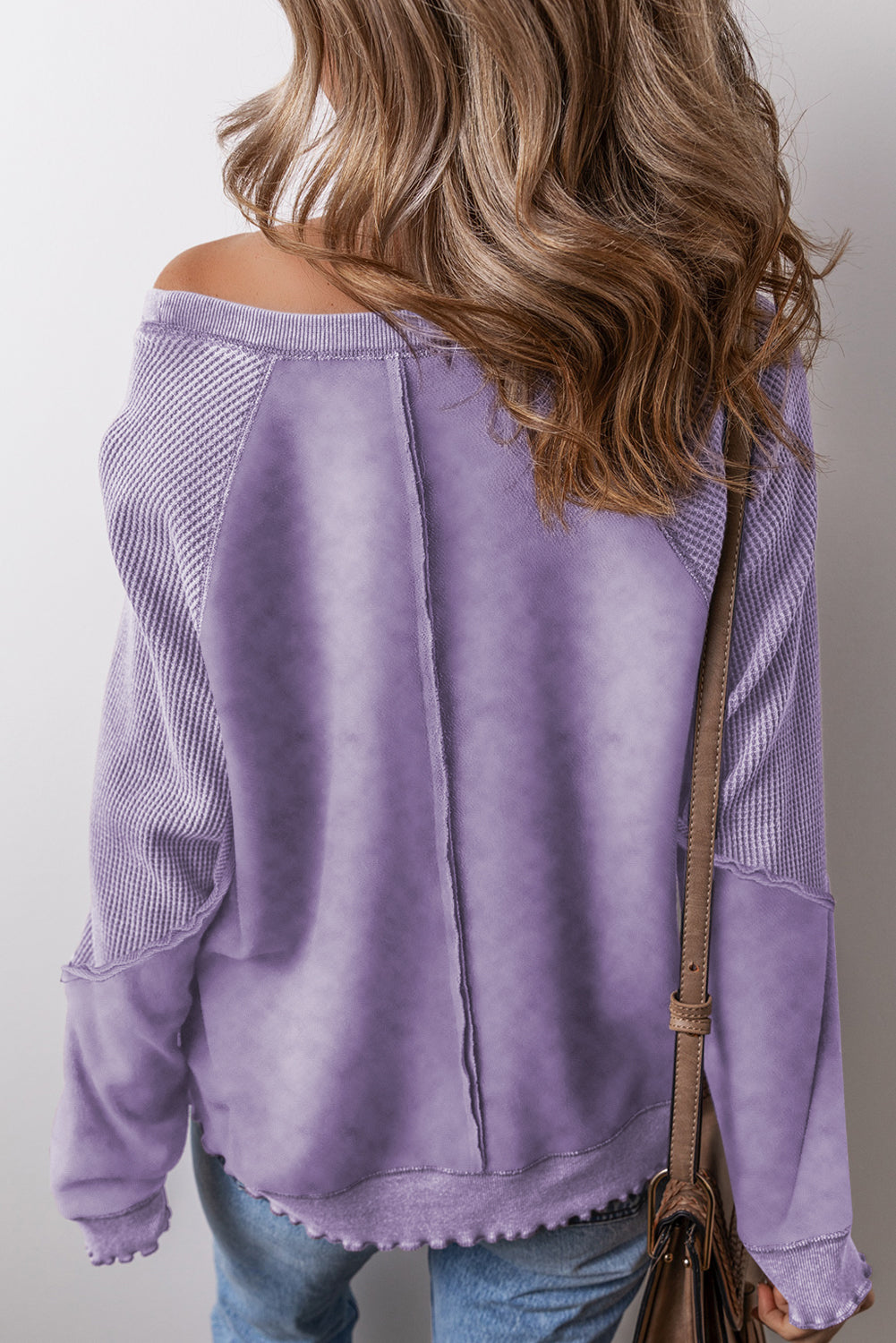 Light Grey Solid Waffle Knit Patchwork Raglan Sleeve Sweatshirt