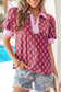 Red Contrast Collared V Neck Ricrac Trim Short Puff Sleeve Flower Blouse