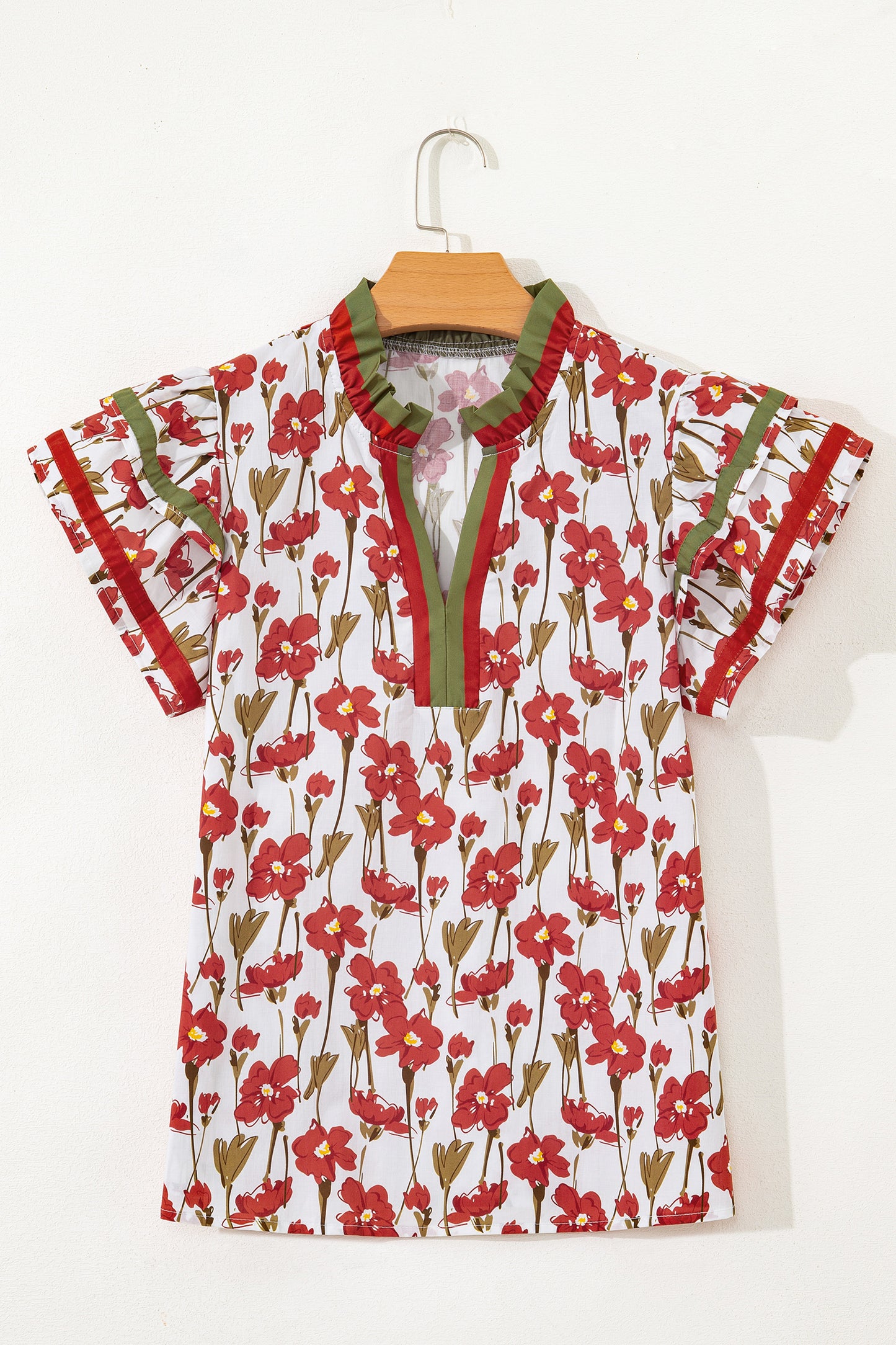 Pink Floral Print Contrast Trim V Neck Double Ruffled Short Sleeve Blouse