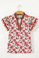 Pink Floral Print Contrast Trim V Neck Double Ruffled Short Sleeve Blouse