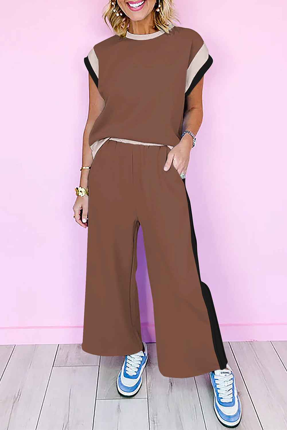White Color Block Detail Casual Two-piece Set