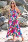 Dark Blue Floral High Waist Sleeveless Flared Long Dress