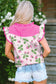 Pink Striped Strawberry Printed Color Block Patchwork V Neck Flutter Sleeve Blouse