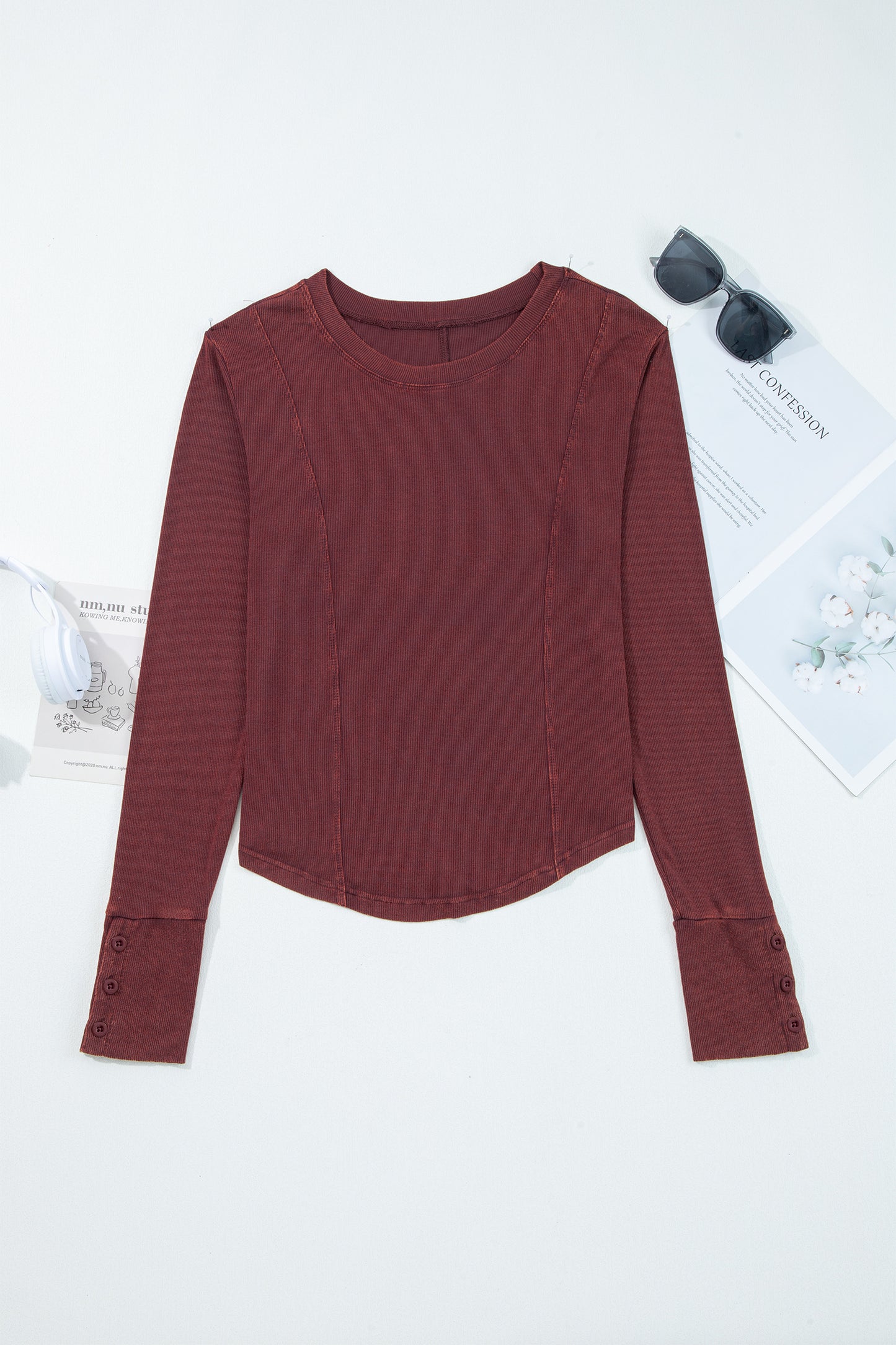 Burgundy Exposed Seam Ribbed Long Sleeve Top