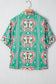 Sea Green Boho Abstract Print Contrast Striped Collared V Neck Blouse
