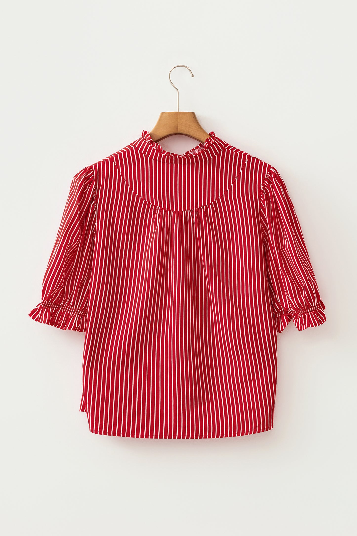 Red Stripe Ruffled Short Puff Sleeve Button Front Blouse
