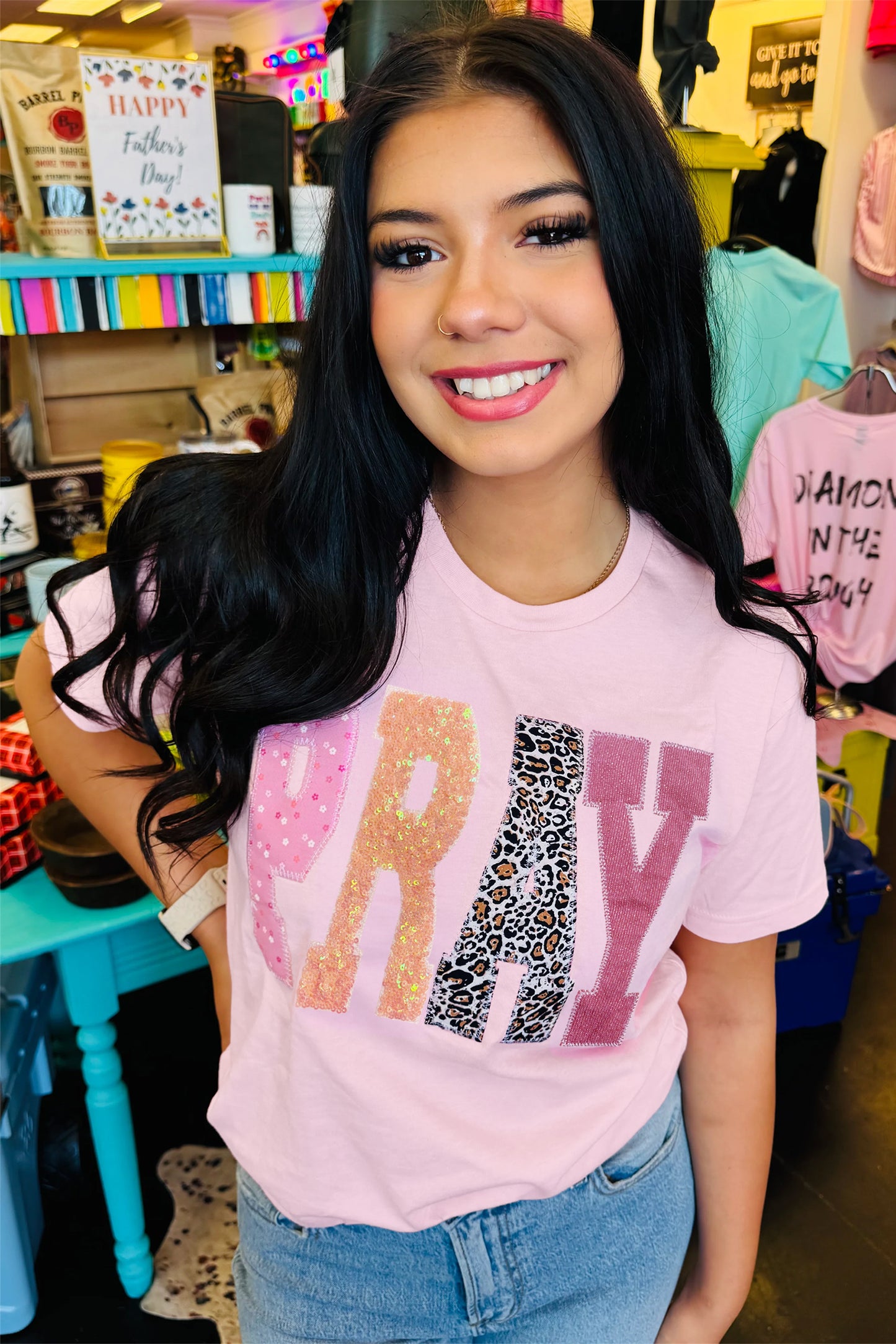 Pink PRAY Sequin Leopard Multiple Patched Graphic Tee