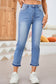 Dark Blue Whiskered Wash Raw Hem Cropped Jeans