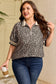Brown Plus Size Leopard Print Striped Webbing Patchwork Half Zip Blouse