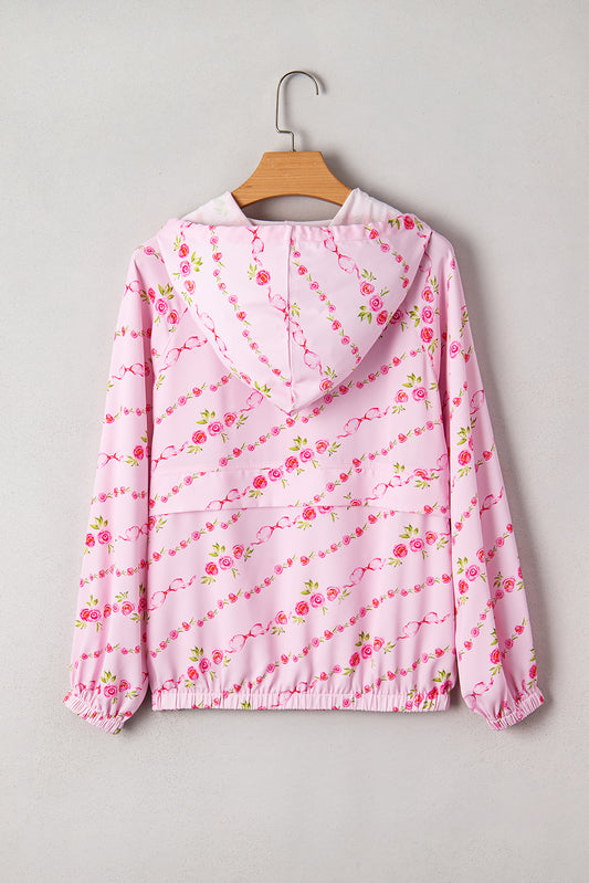 Pink Floral Print Half Zip Kangaroo Pouch Drawstring Hoodie