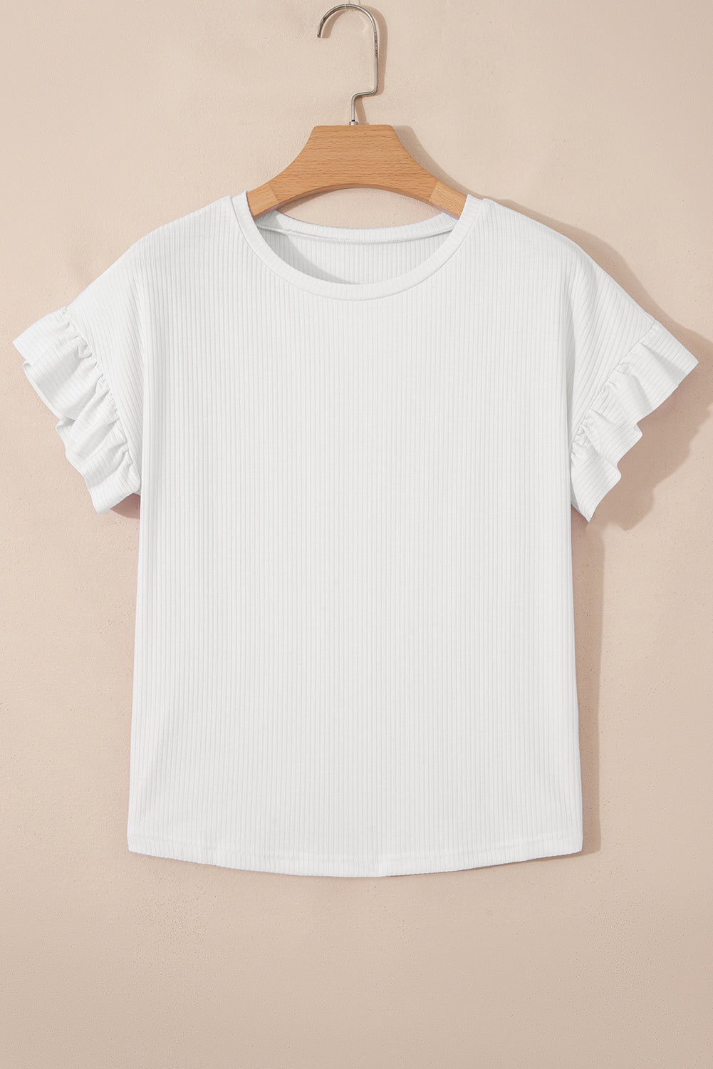 Black Solid Color Ribbed Ruffled Short Sleeve T Shirt
