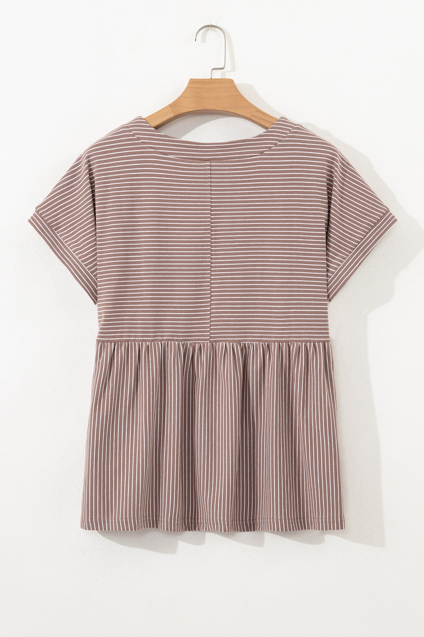 Khaki Stripe Buttoned V Neck High Low Side Slit T Shirt