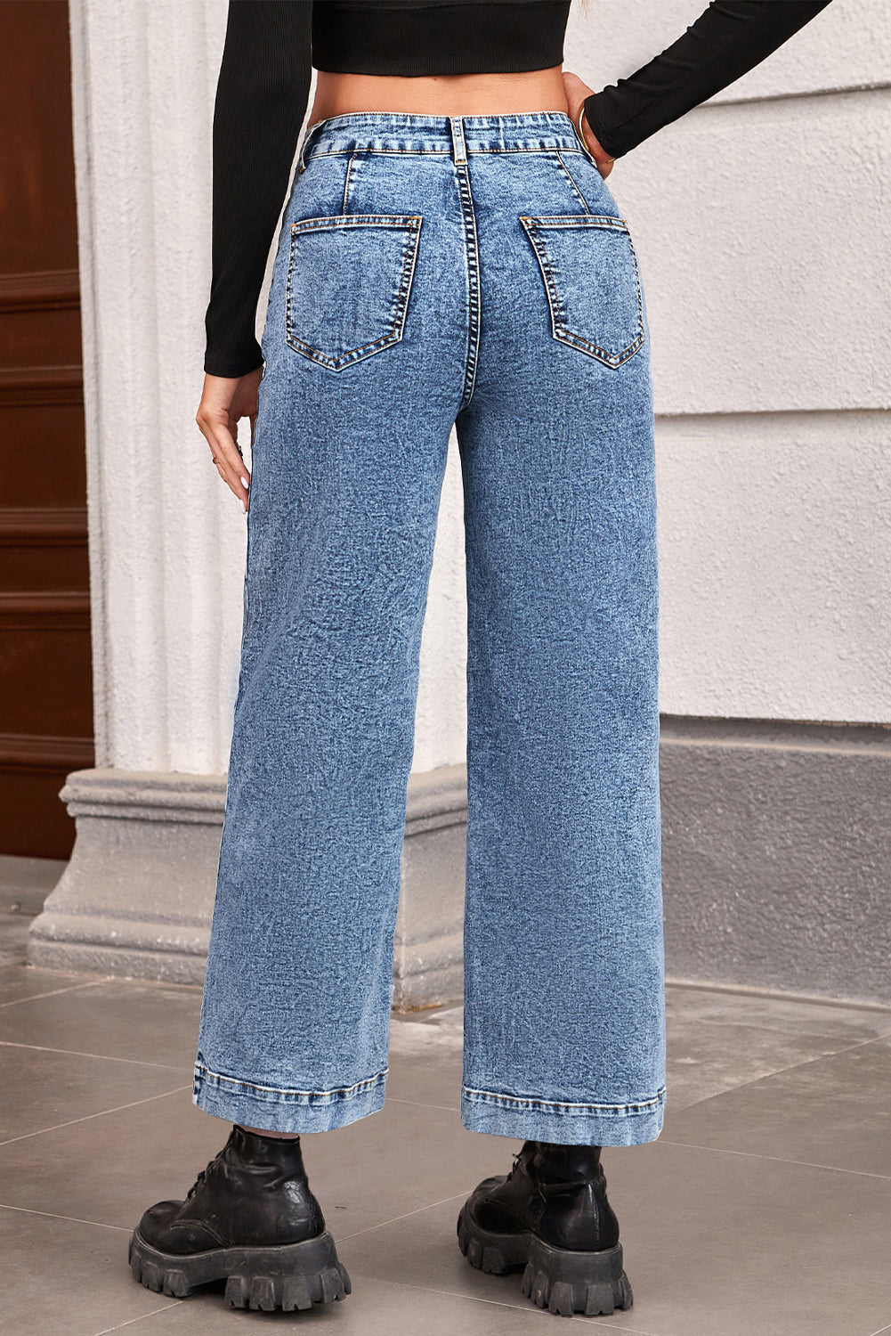 Blue Chic Patch Pocket Straight Leg Loose Jeans
