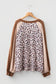 Parchment Leopard Colorblock Patchwork Twist Ribbed Plus Size V Neck Baggy Pullover