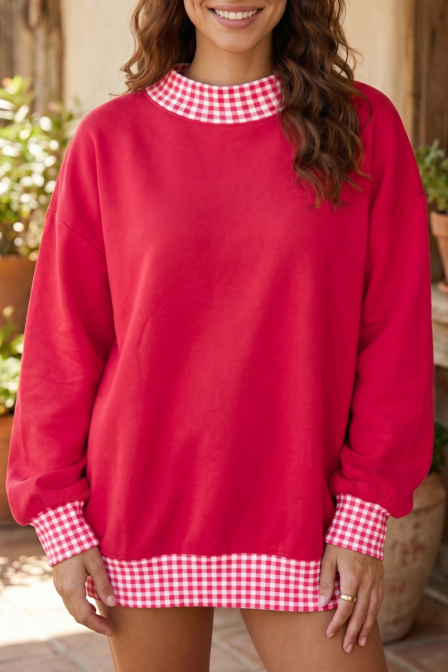 Brown Colorblock Polka Dot Contrast Trim Oversized Sweatshirt
