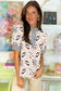 White Floral Print Striped Patchwork Button Neck Short Sleeve Blouse