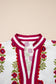 Black Floral Short Bubble Sleeve Contrast Slit Neckline Blouse