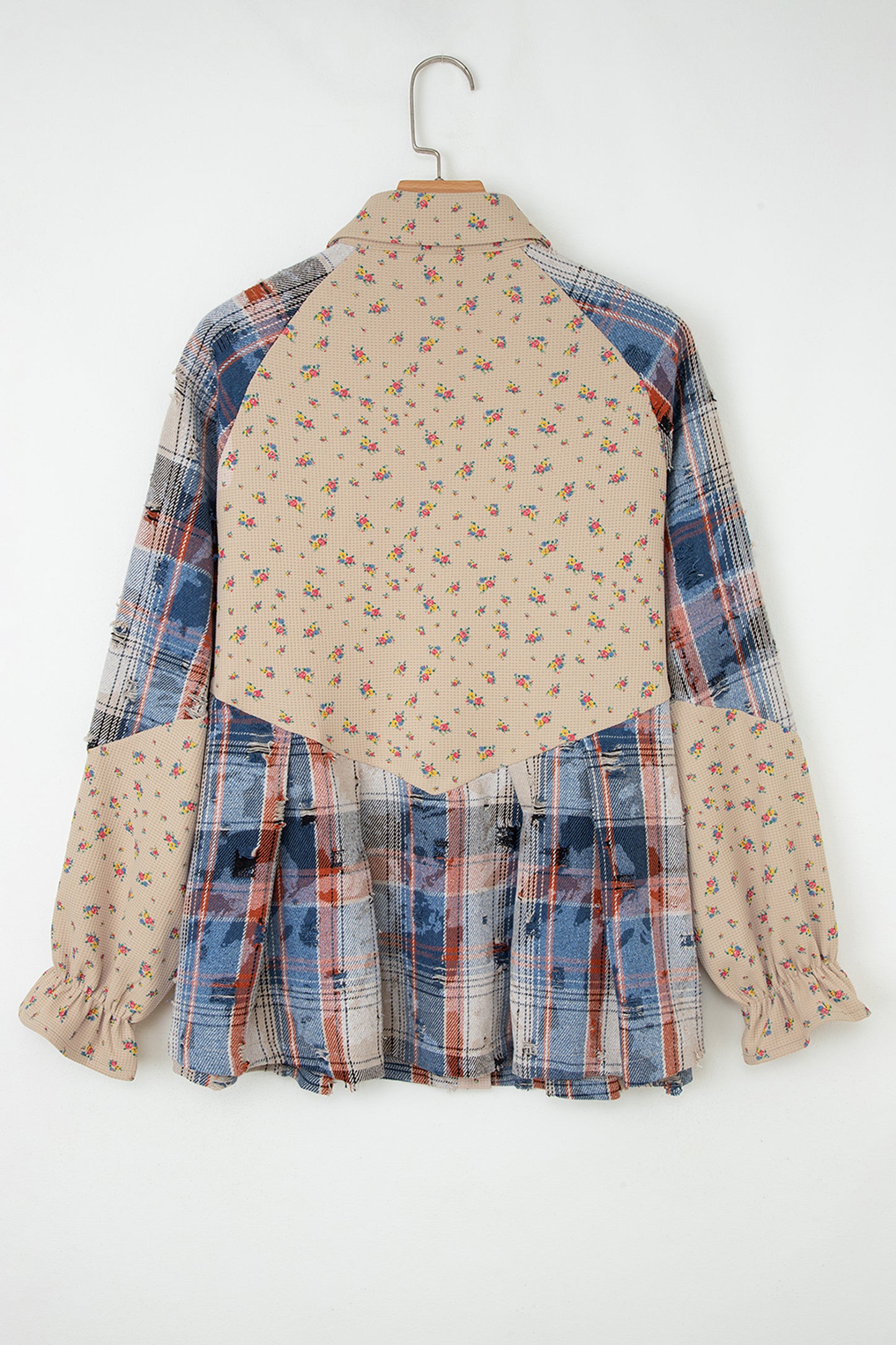 Oatmeal Boho Floral Plaid Patchwork Distressed Detail Ruffled Sleeve Waffle Knit Shacket