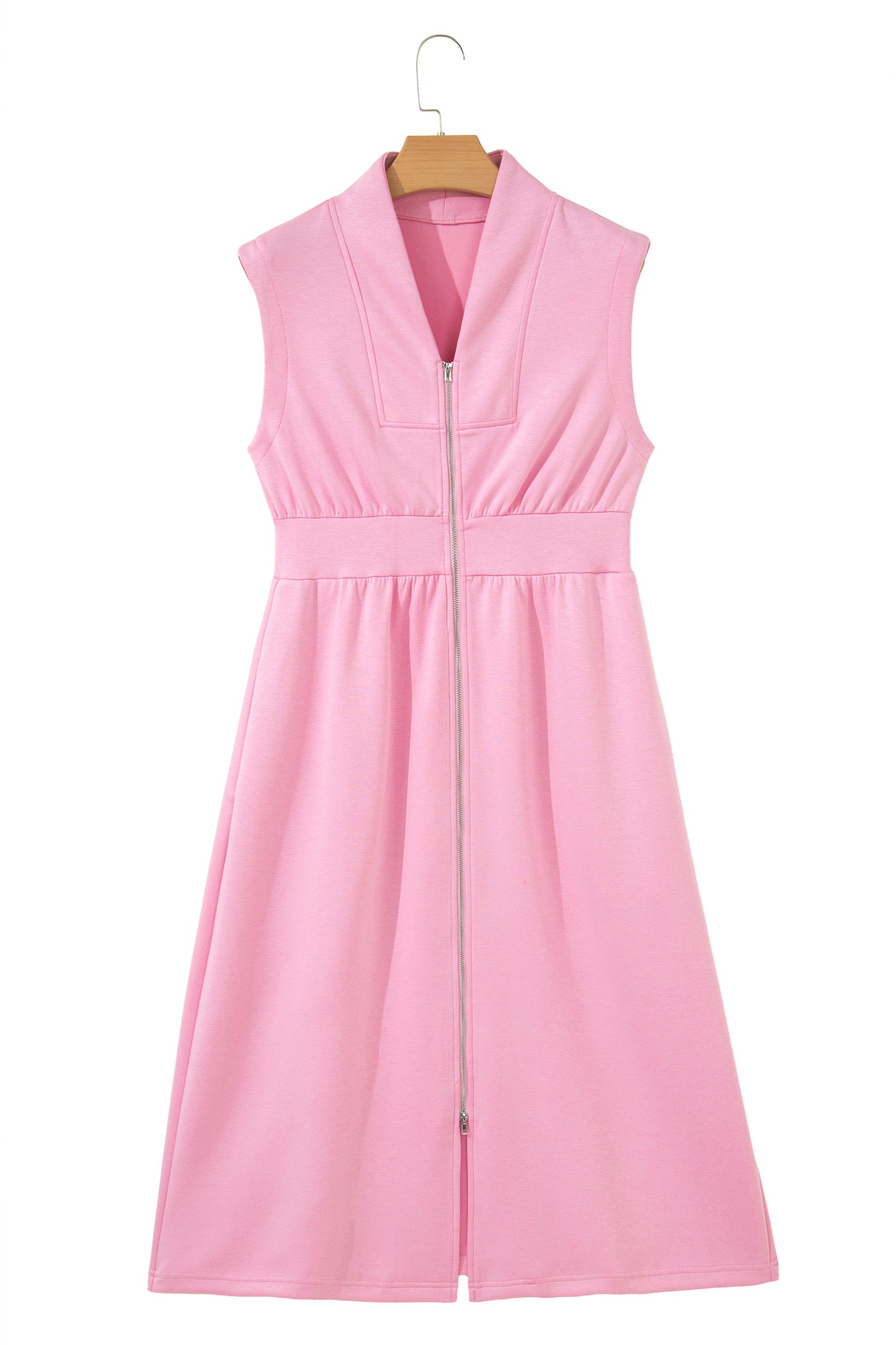 Pink V Neck Sleeveless Double Zip Shift Midi Dress