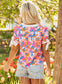 White Floral Colorblock Striped Edge V Neck Knotted Short Sleeve Blouse