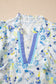 Sky Blue Floral Print Frilled Notched V Neck Blouse