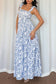 Sky Blue Floral Print Knot Straps High Waist Flared Maxi Dress