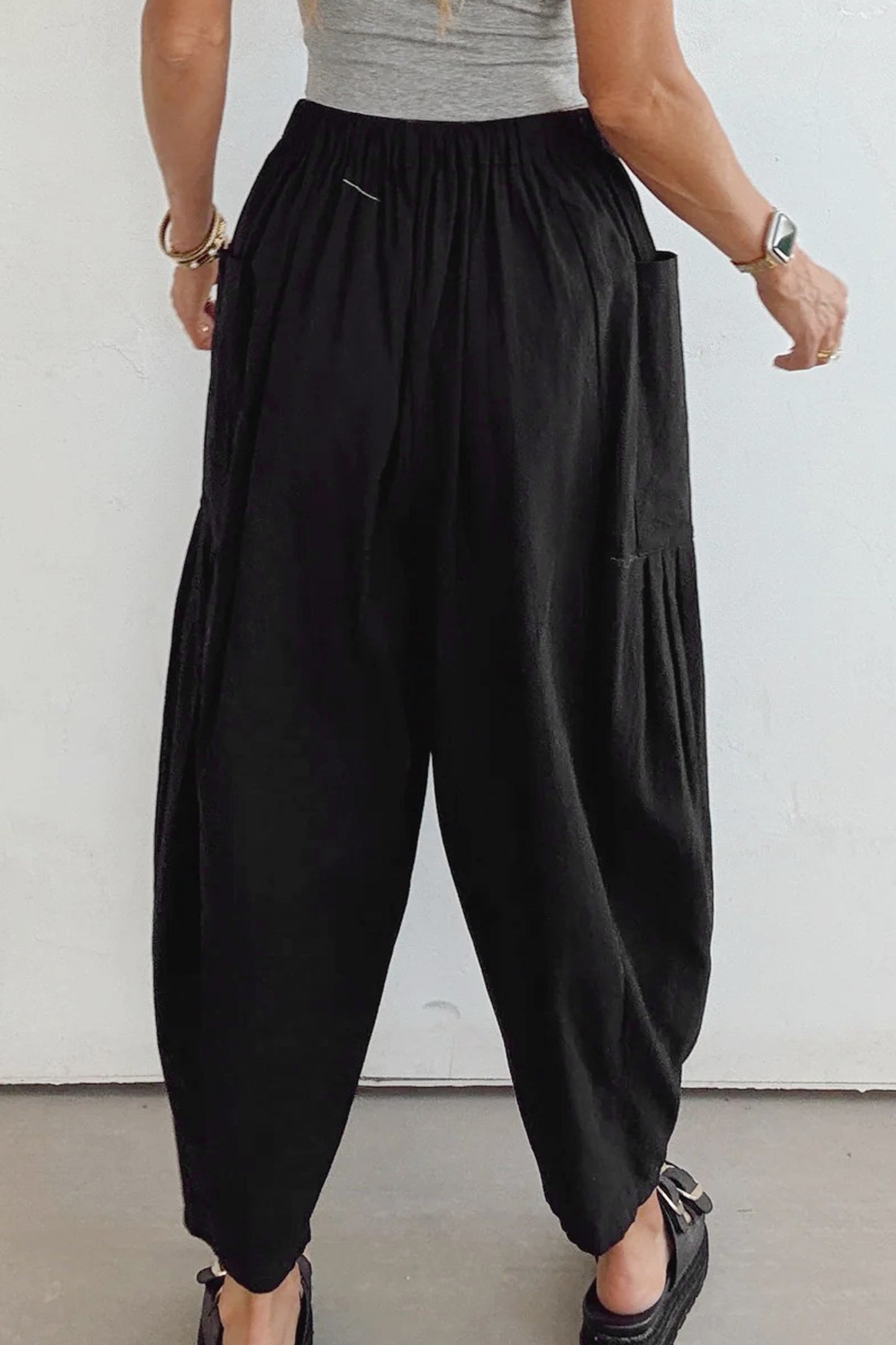Jungle Green Drawstring Elastic Waist Patch Pocket Barrel Leg Casual Pants