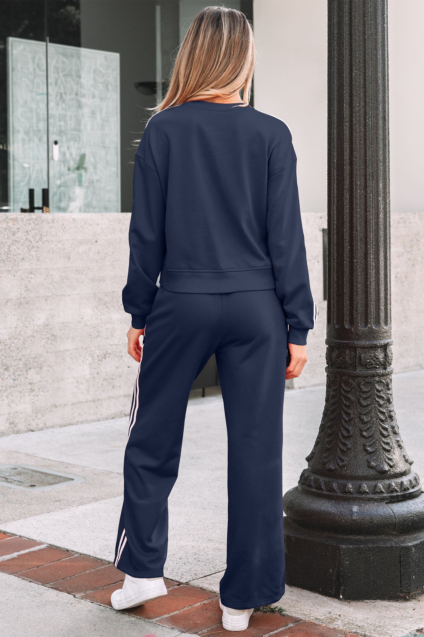 Gray Morn Varsity Striped Detail Crewneck Pullover Elastic Sweatpants 2pcs Outfit