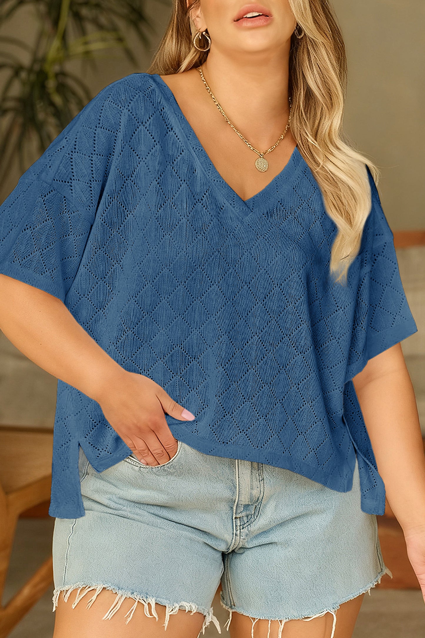 Golden Fleece Pointelle Rhombus Knit Plus Size V Neck Loose Top