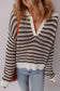 Brown Stripe Eyelet Hollow-out Contrast Collared Pullover Chic Sweater