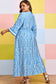 Sky Blue Plus Size Geometric Print Contrast Trim V Neck Bracelet Sleeve Long Dress