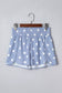 Sky Blue Polka Dot Print Shirred High Waist Casual Shorts
