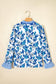 Sky Blue Floral Print Striped Patchwork Long Flounce Sleeve Ricrac Trim V Neck Blouse