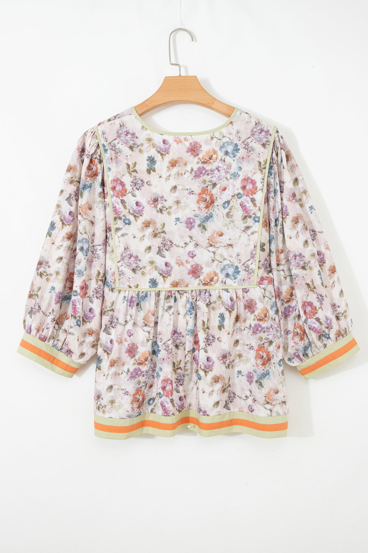 Black Plus Size Floral Print Contrast Trim Striped Detail Babydoll Blouse