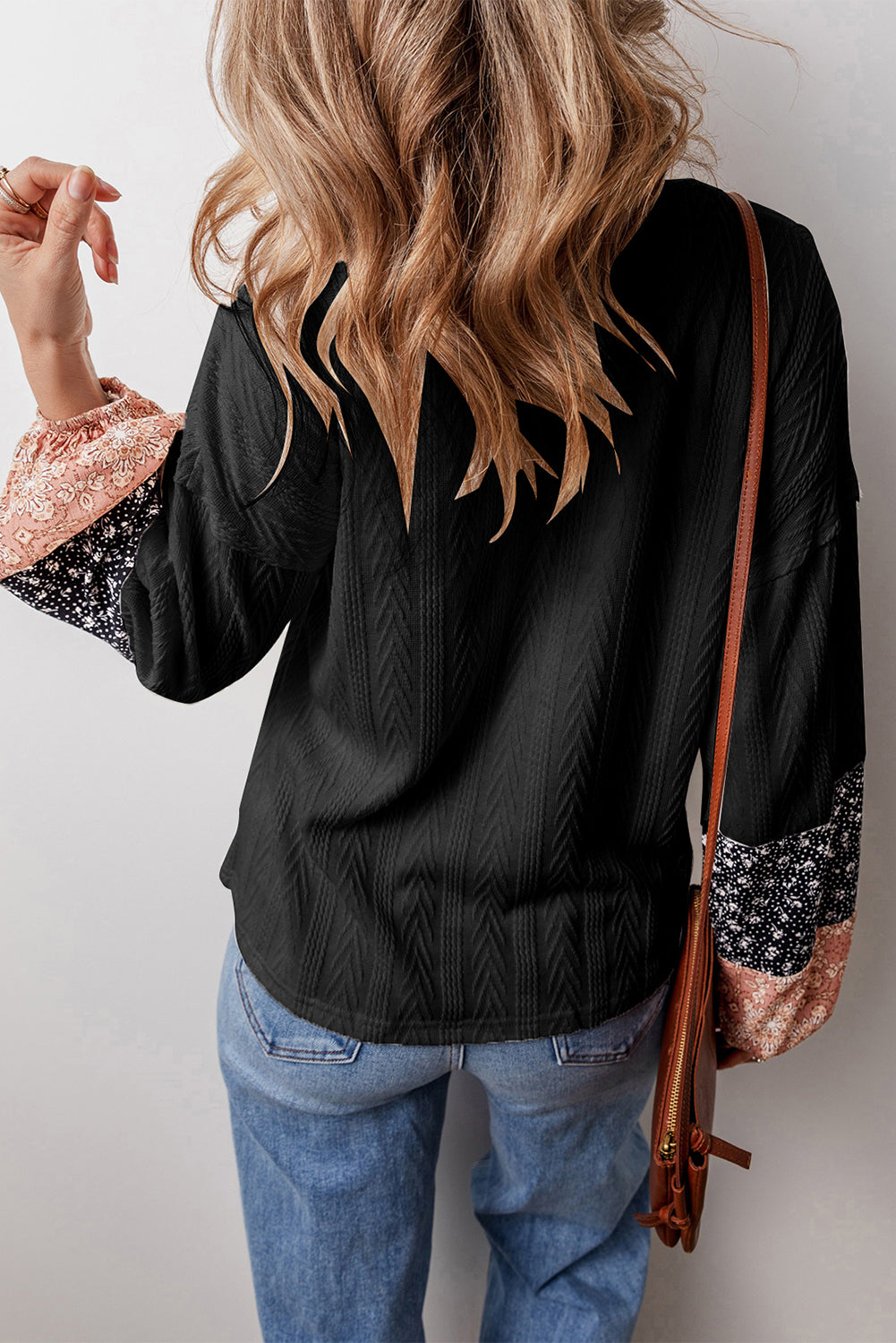 White Floral Patchwork Textured Knit Drawstring V Neck Blouse