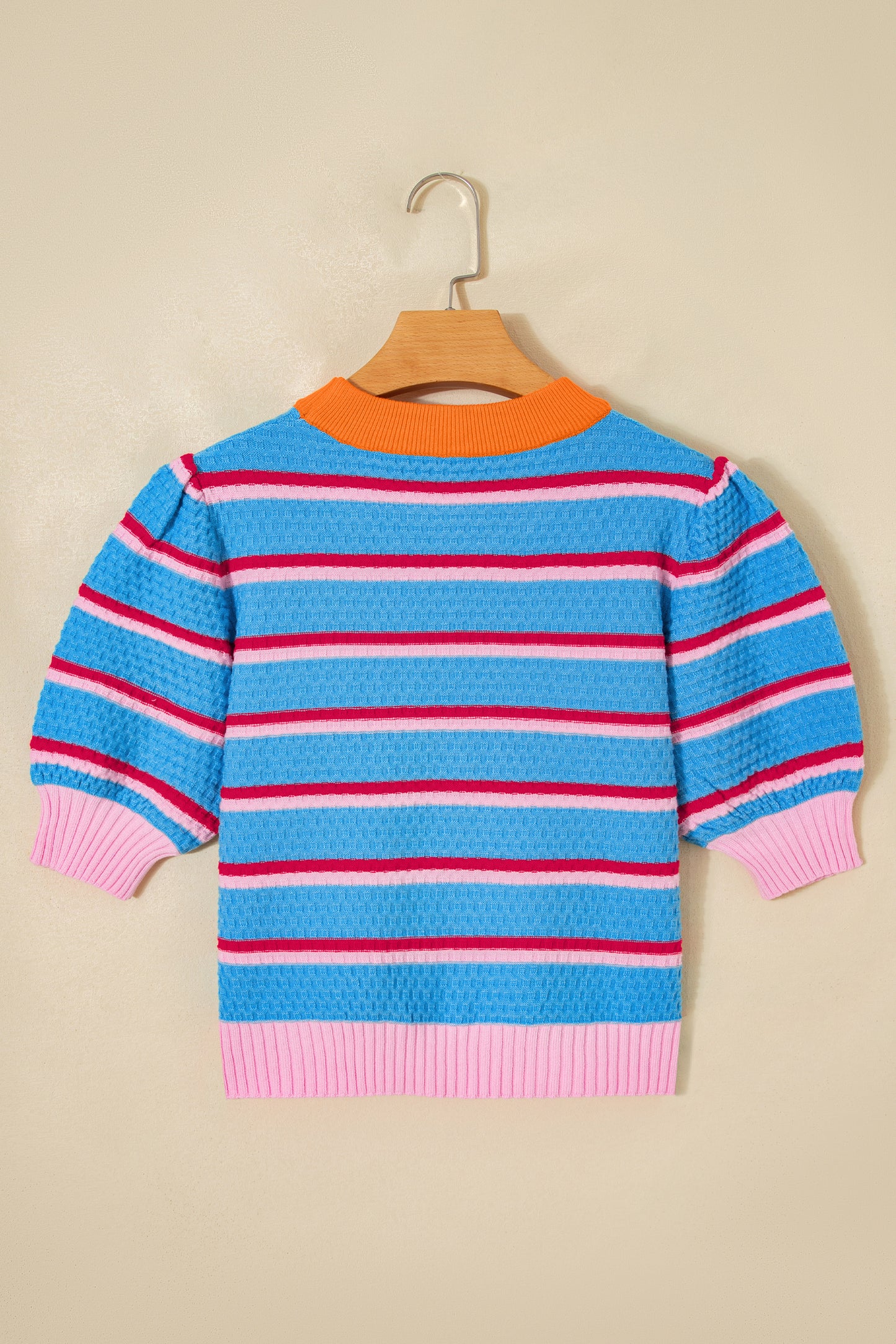 Green Stripe Colorblock Trim Half Sleeve Sweater Top
