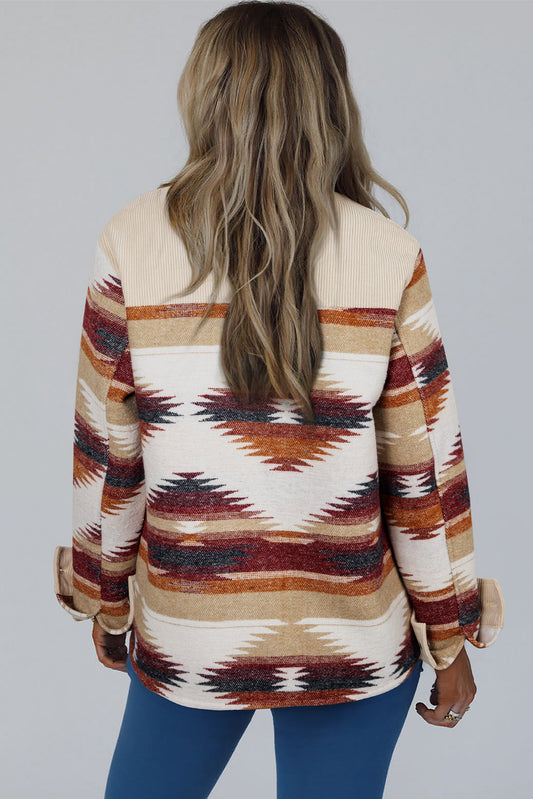 Multicolour Western Aztec Striped Patchwork Double Flap Pocket Raw Hem Shacket