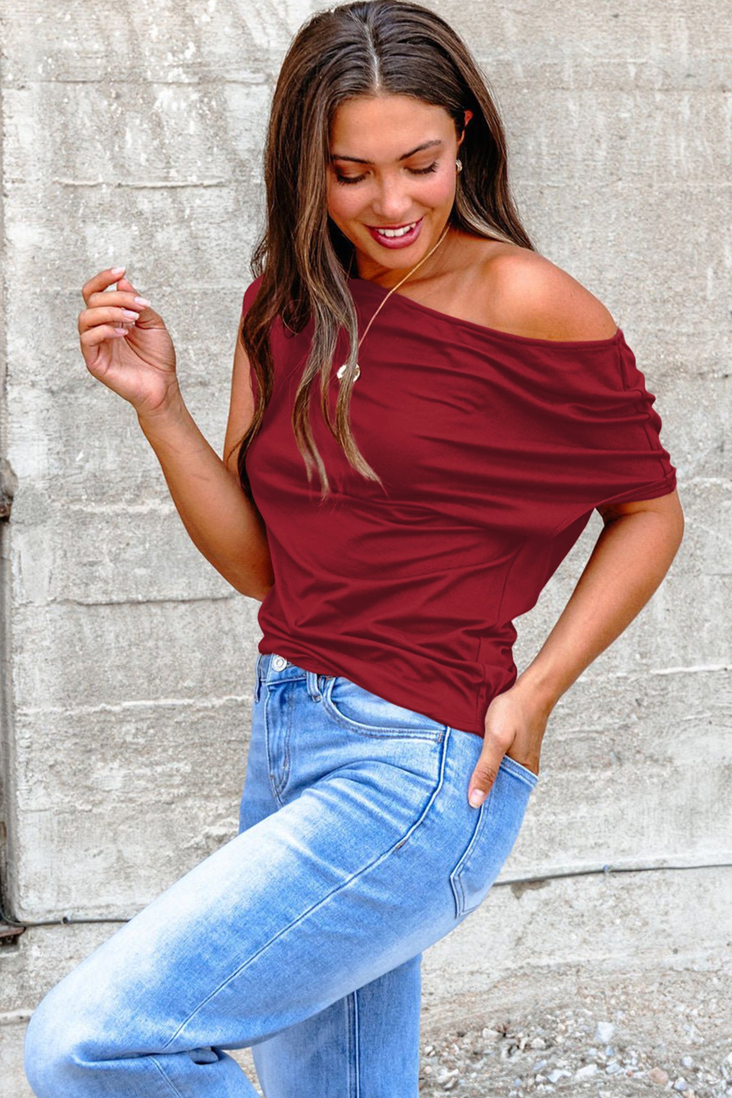 Black Plus Size Solid Color Asymmetric Neck Short Sleeve Blouse