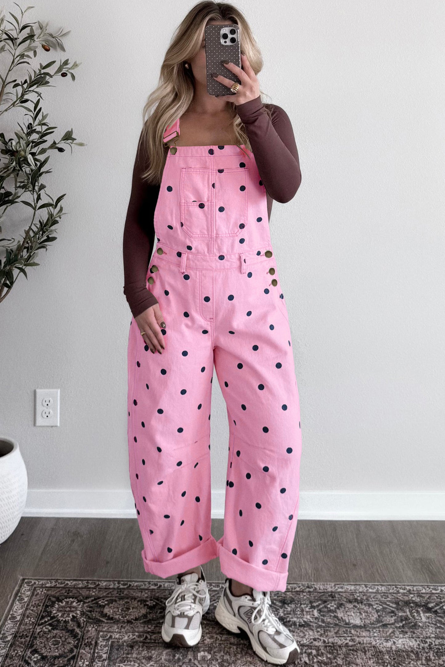 Jet Stream Polka Dot Print Bib Pocket Denim Barrel Overalls Jumpsuit