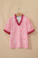Pink Stripe Ruffled Trim V Neck Leopard Print Short Sleeve Blouse