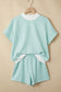 Pink Stripe Cuffed Sleeve Contrast Mock Neck Tee Casual 2pcs Short Set