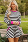 Black Stripe Contrast Ribbed Banding Long Sleeve Blouse Loose Shorts Set
