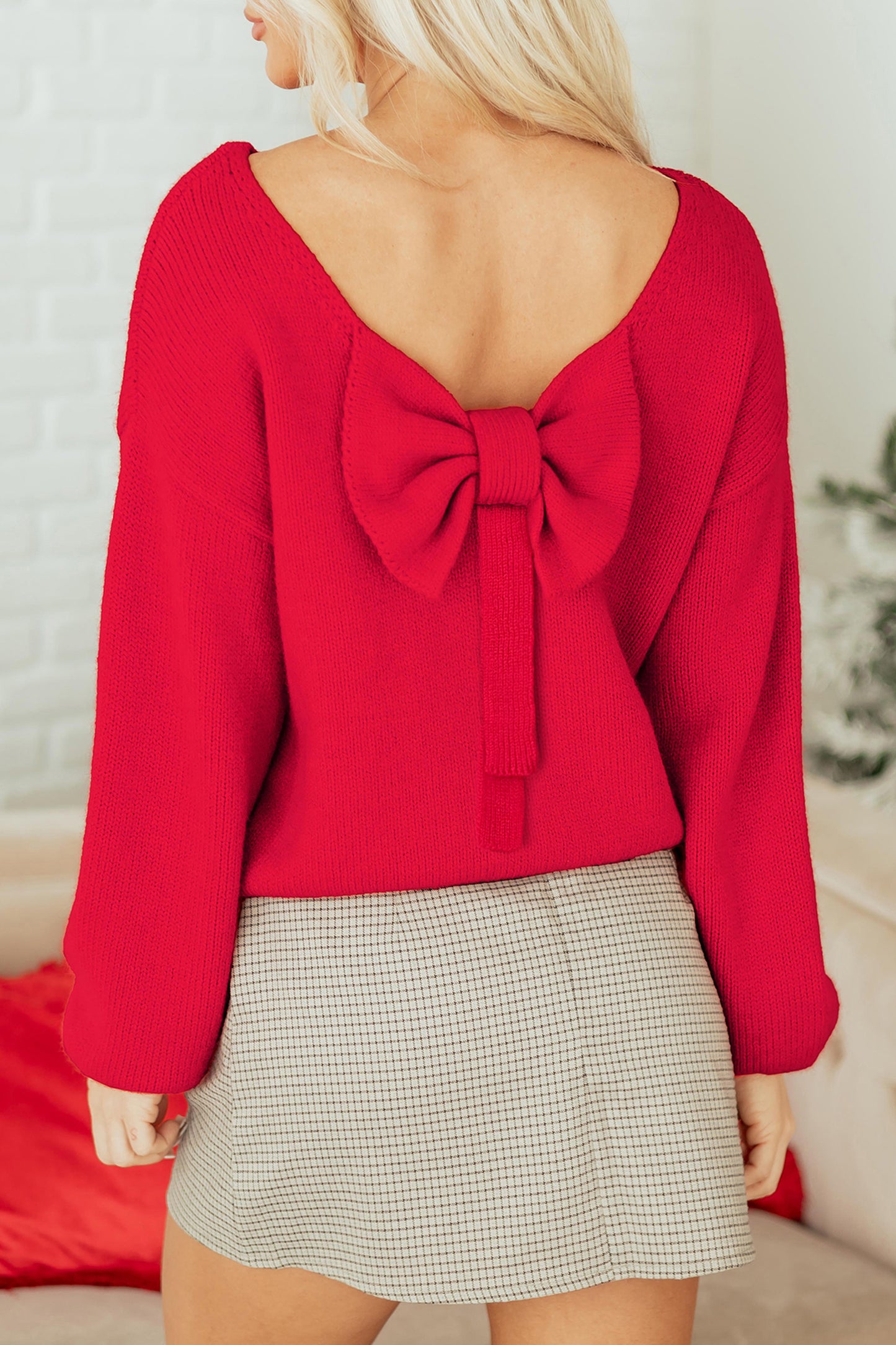 Bright Green Festive Bow Backless Bubble Sleeve Sweater