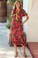 Green Floral Print Striped Trim Split Neck Short Puff Sleeve Ruffle Hem Maxi Dress
