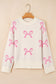 Pink Bow Print Ribbed Trim Exposed Seam Drop Shoulder Loose Sweater