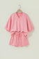 Gossamer Pink Scalloped V Neck Dolman Oversize Top Drawstring Short Set